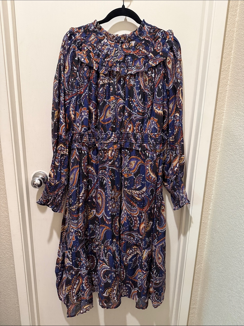 Fate Paisley Long-Sleeve Ruffle Neck Dress - Navy, Brown